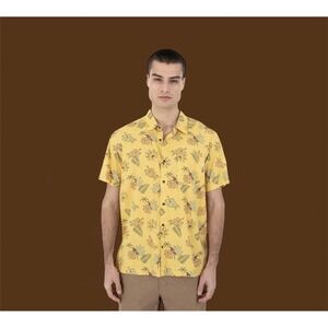 Hurley Mens Floral Parrot Hawaiian‎ Short Sleeve Collar Yellow Button Up Shirt L